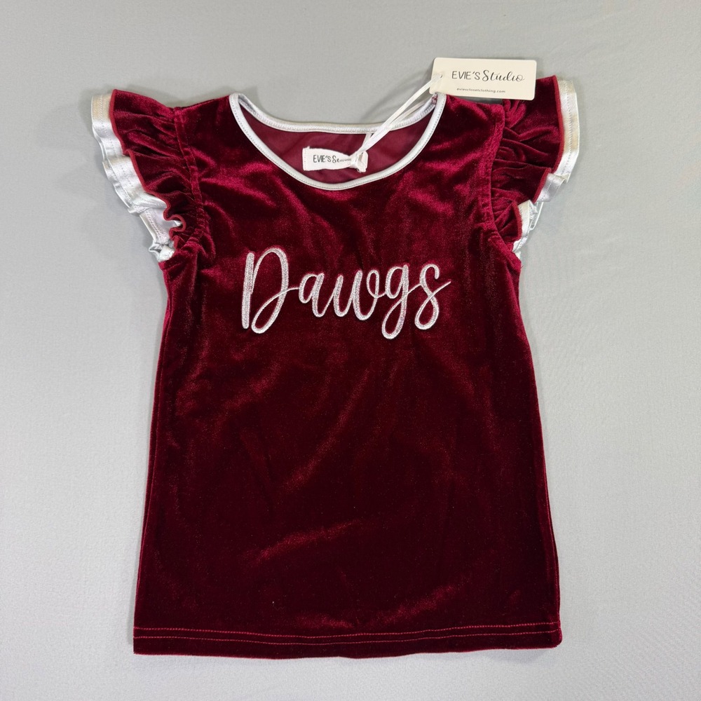 Mississippi State Bulldogs Burgundy Velvet Dawgs Ruffle Sleeve Shirt 4 NEW